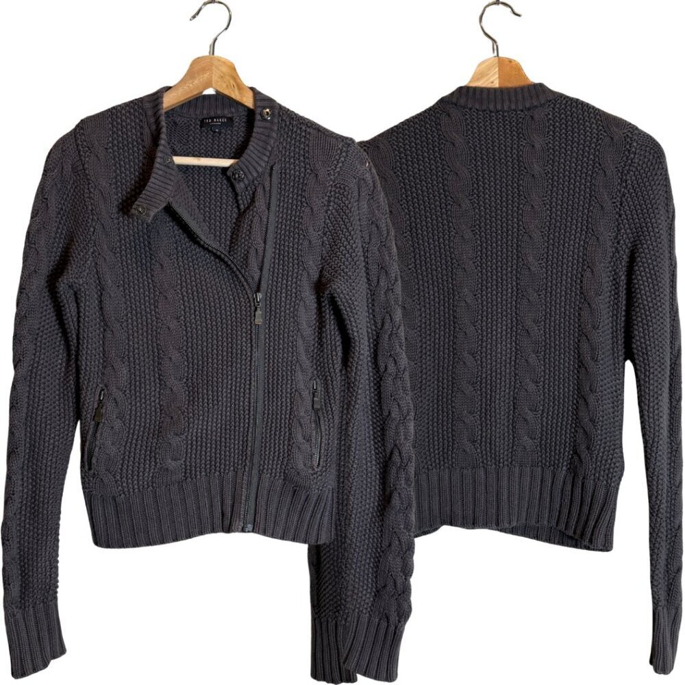 Ted Baker Cable Knit Moto Sweater Jacket Women's 0 XS Chocolate Brown Designer